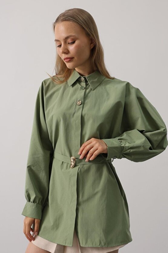 Gökyüzü Moda Kuşak Detaylı Tunik Gömlek - Haki