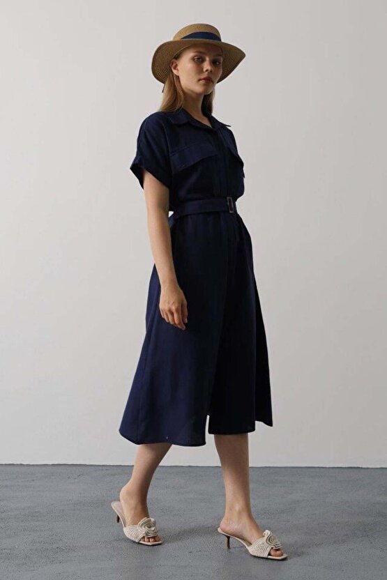 Kuşaklı Cep Detaylı Yarım Kol Elbise - Lacivert