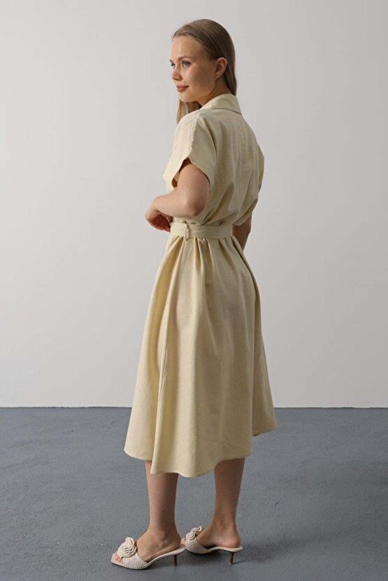 Kuşaklı Cep Detaylı Yarım Kol Elbise - Ekru