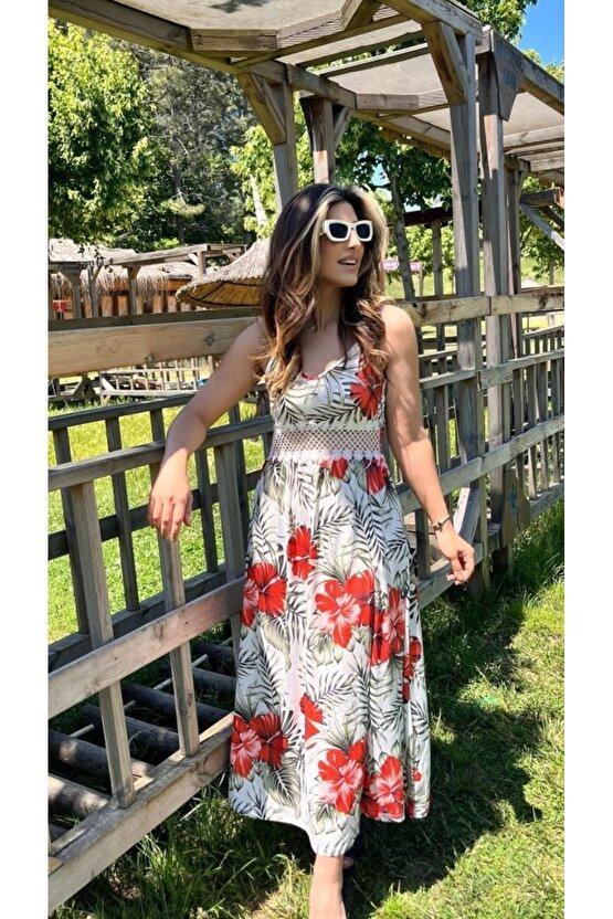Kadın Ip Askılı V Yakalı Bel Güpür çiçek Desenli Yandan Yırtmaçlı Maksi Süprem Elbise