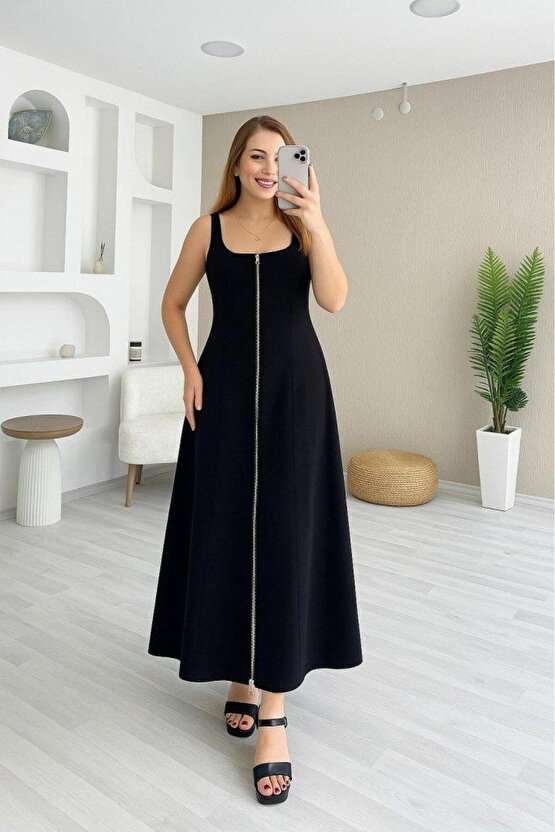 Kadın Askılı Kare Yaka önden Fermuarlı Geniş Kesim Janjan Krep Elbise