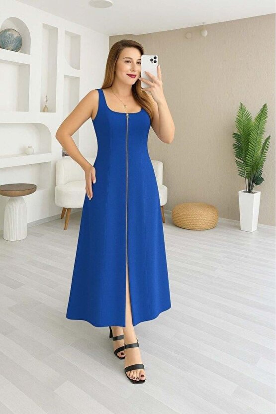 Kadın Askılı Kare Yaka önden Fermuarlı Geniş Kesim Janjan Krep Elbise