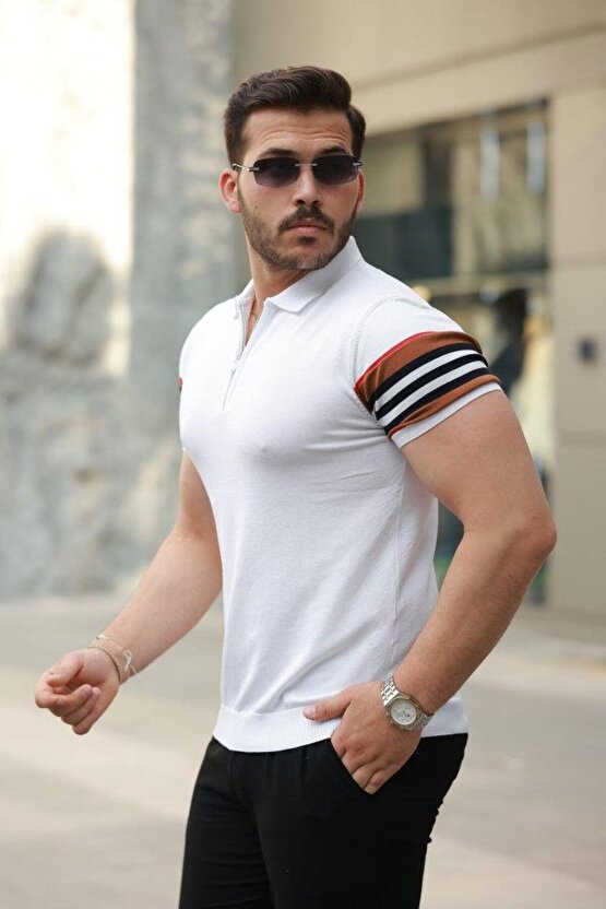 Erkek Fermuar Yakalı Kolları Desenli Kısa Kollu Tişört