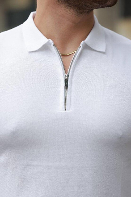 Erkek Fermuar Yakalı Kolları Desenli Kısa Kollu Tişört