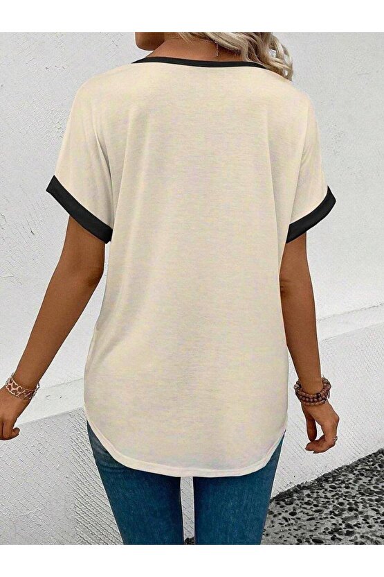 Kadın Kısa Kollu V Yakalı çift Renkli Viskon Bluz