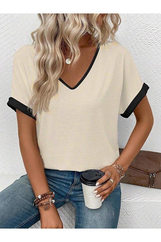 Kadın Kısa Kollu V Yakalı çift Renkli Viskon Bluz