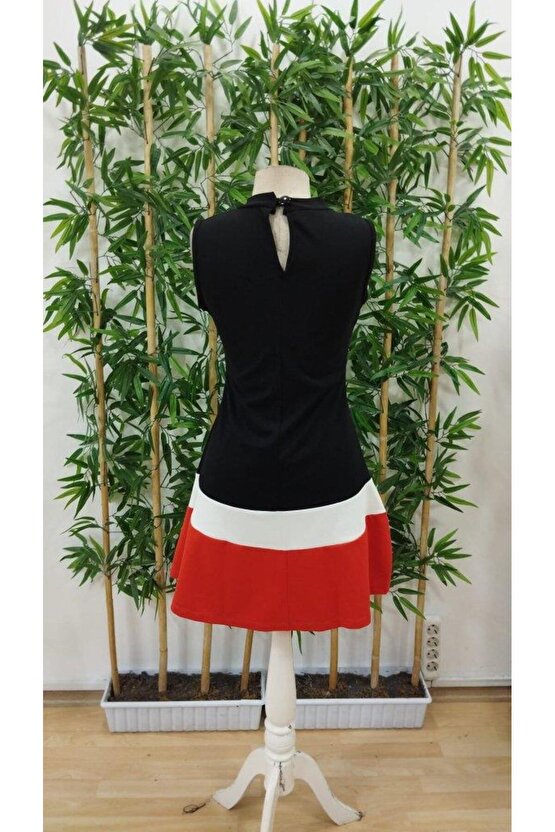 Kadın Sıfır Kol Yarı Balıkçı Yaka şerit Detaylı Ithal Krep Elbise