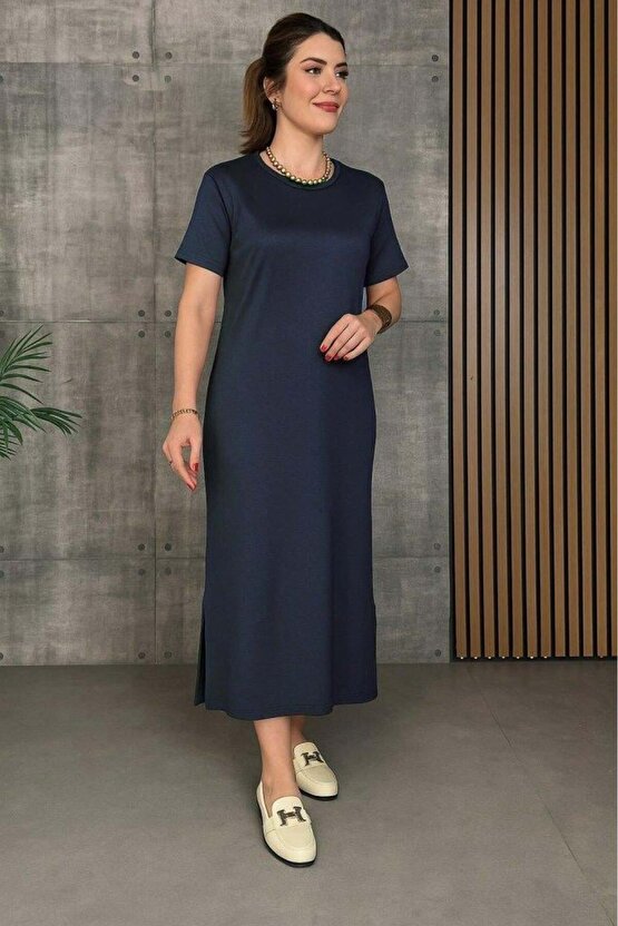 Kadın Kısa Kollu Bisiklet Yaka Yırtmaçlı Viskon Iki Iplik Elbise