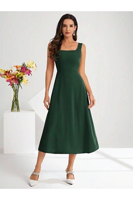 Kadın Askılı Kare Yakalı Midi Ithal Krep Elbise