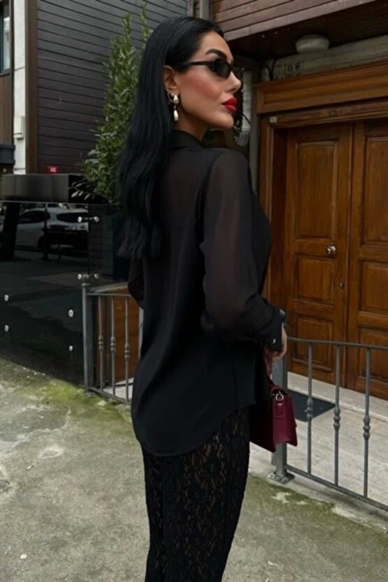 Transparan Detaylı Dökümlü Gömlek 3427