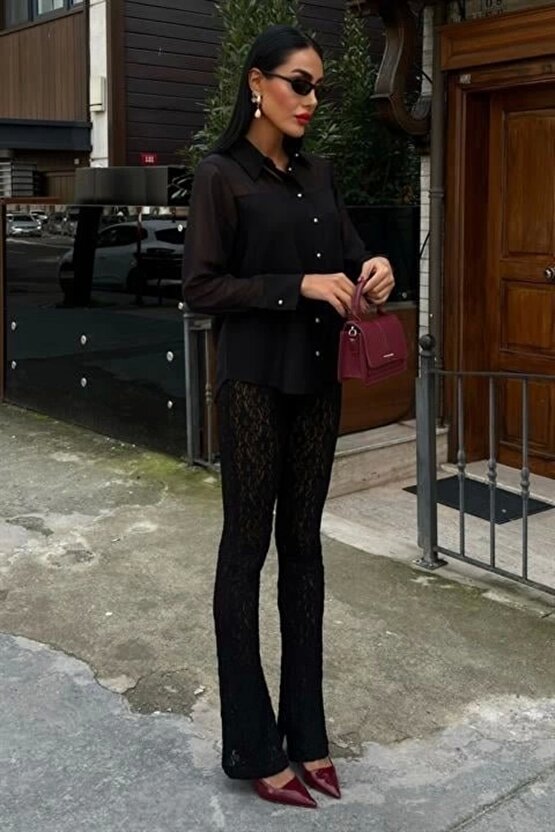 Transparan Detaylı Dökümlü Gömlek 3427