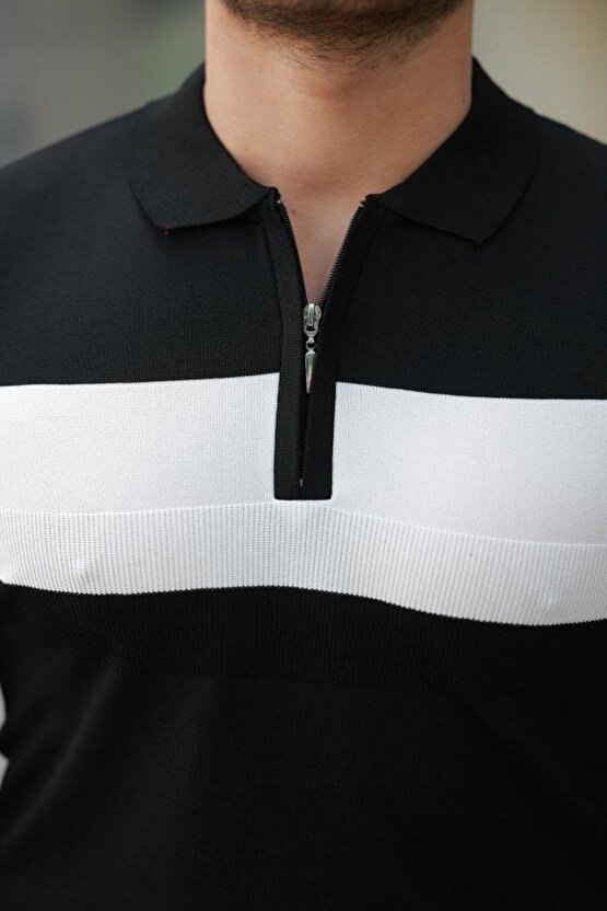 Erkek Fermuar Yakalı şerit Renk Desenli Kısa Kollu Tişört