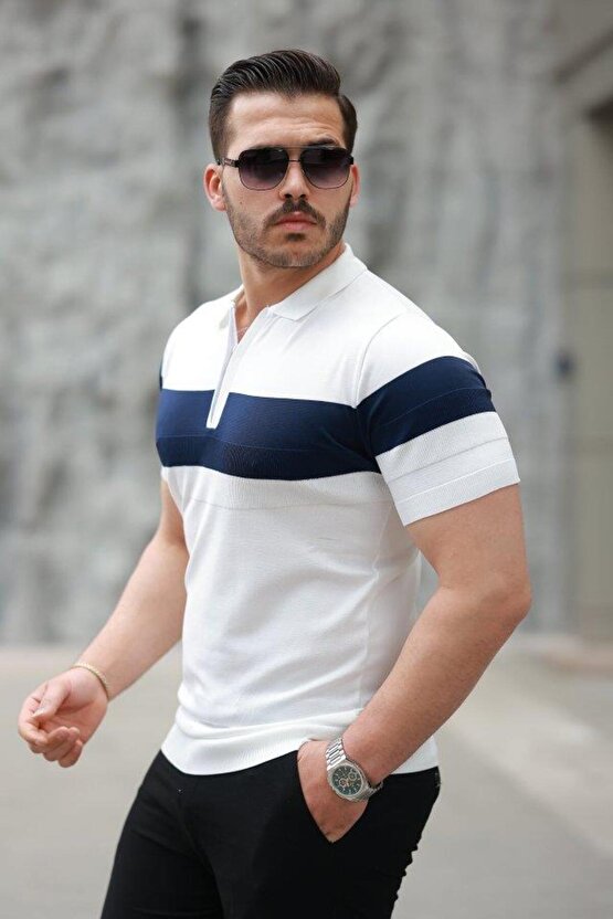 Erkek Fermuar Yakalı şerit Renk Desenli Kısa Kollu Tişört