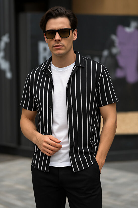 Edolika Erkek Kısa Kollu Beyaz çizgi Desenli örme Kumaş Pamuklu Gömlek