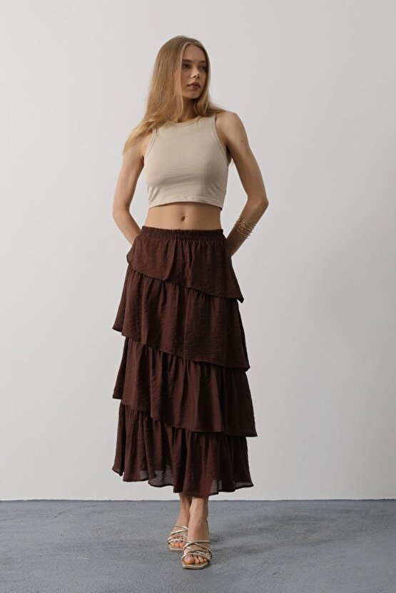 Sidelya Concept Katlı Kesim Uzun Etek - Kahve