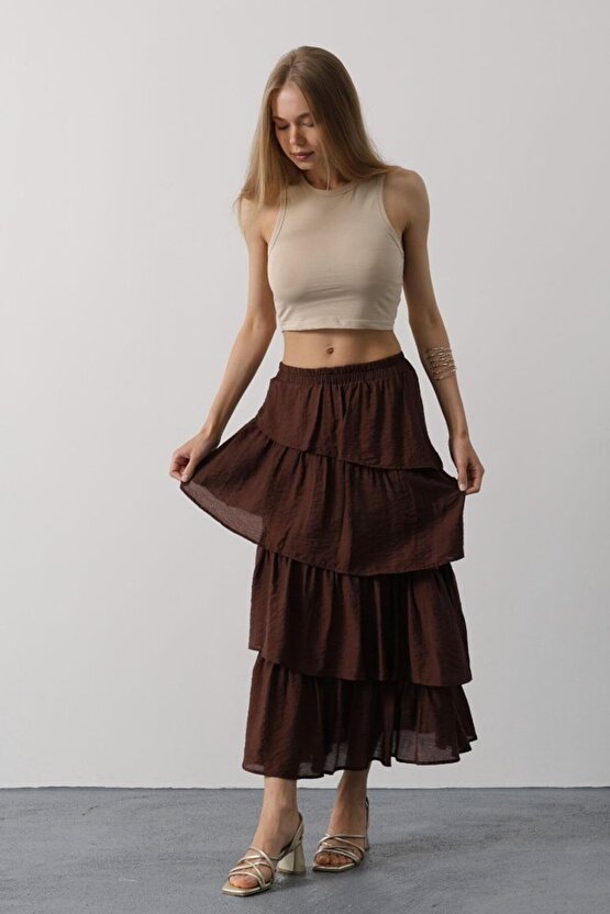 Sidelya Concept Katlı Kesim Uzun Etek - Kahve