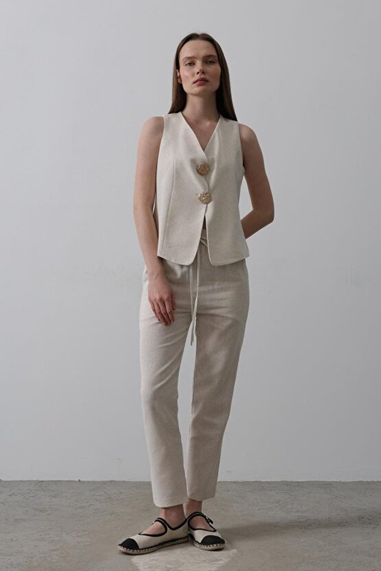 Düğme Detaylı Yelek Krem