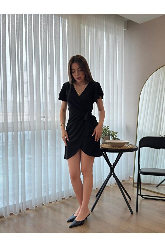 Kadın Kısa Kollu Kruvaze Yakalı Belden Bağlamalı Ithal Krep Elbise