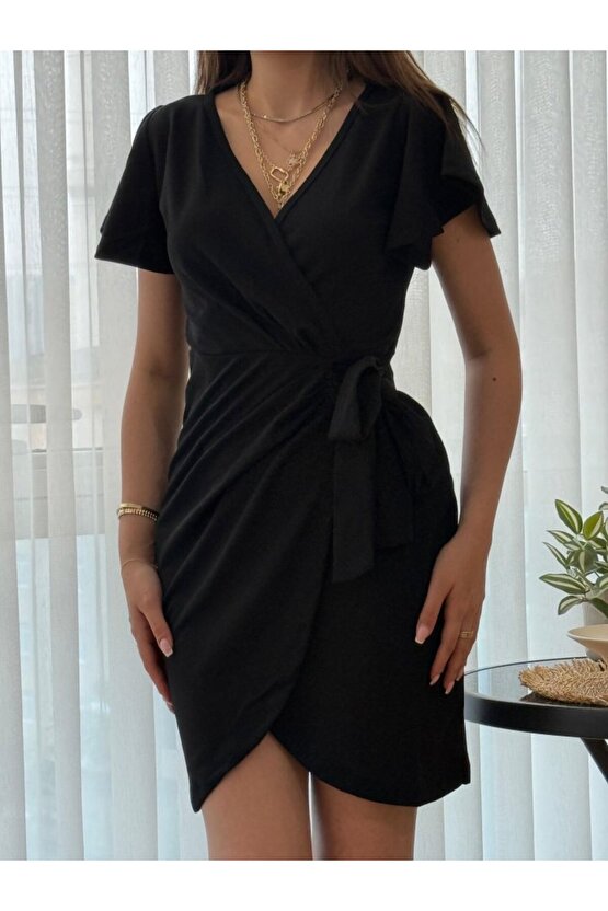 Kadın Kısa Kollu Kruvaze Yakalı Belden Bağlamalı Ithal Krep Elbise