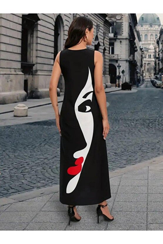 Kadın Sıfır Kol V Yakalı Kadın Yüz Desenli Süprem Elbise