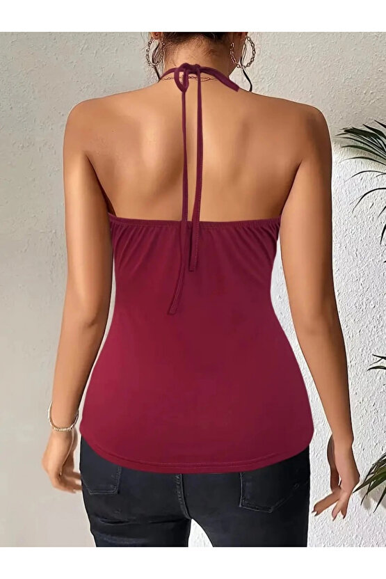 Kadın Askılı Kuş Gözü Ve Dekolte Detay Boyundan Bağlamalı Viskon Bluz