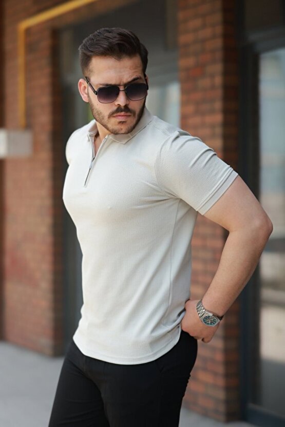 munn collection Erkek Fermuarlı Yaka Kısa Kollu Tişört