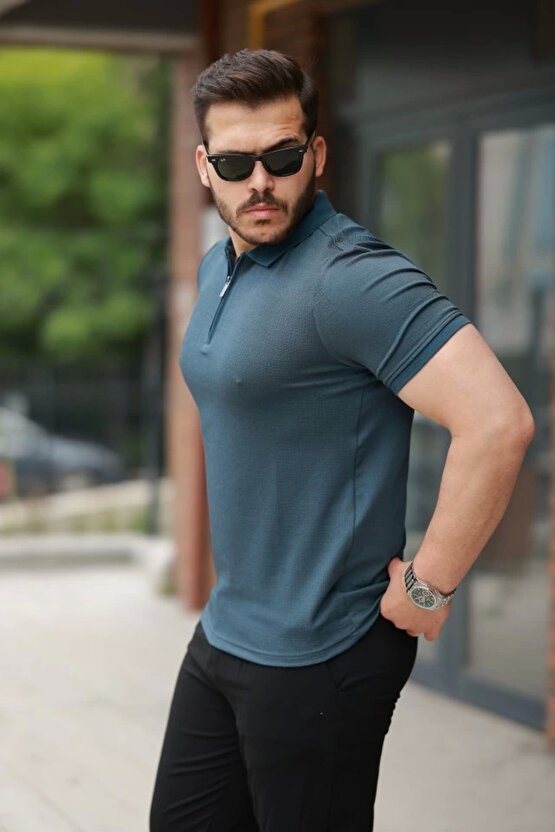 Erkek Fermuarlı Yaka Kısa Kollu Tişört