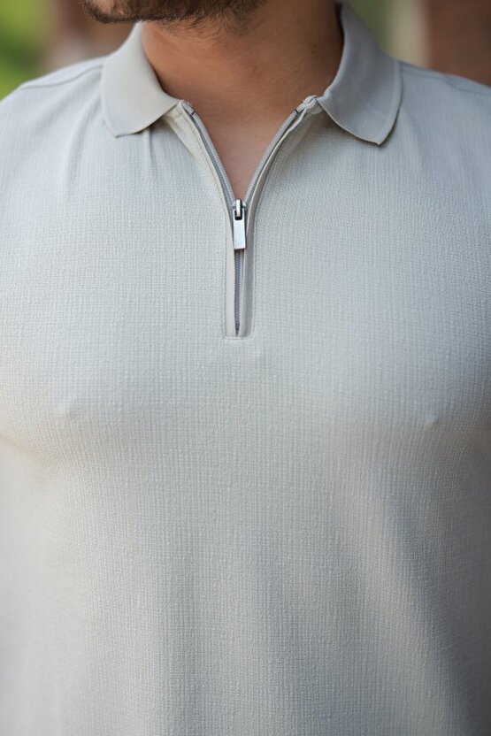 munn collection Erkek Fermuarlı Yaka Kısa Kollu Tişört