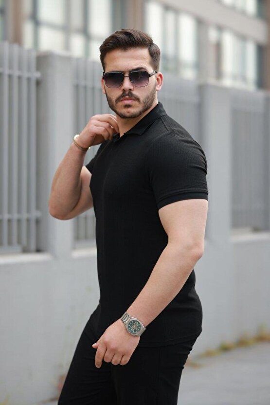 Erkek Yakalı Waffle Dokulu Kısa Kollu Tişört