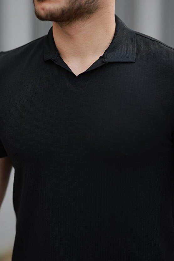 Erkek Yakalı Waffle Dokulu Kısa Kollu Tişört