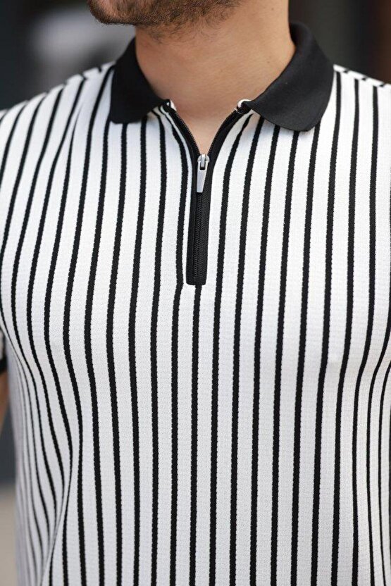 Erkek çizgili Fermuar Yakalı Kısa Kollu Tişört
