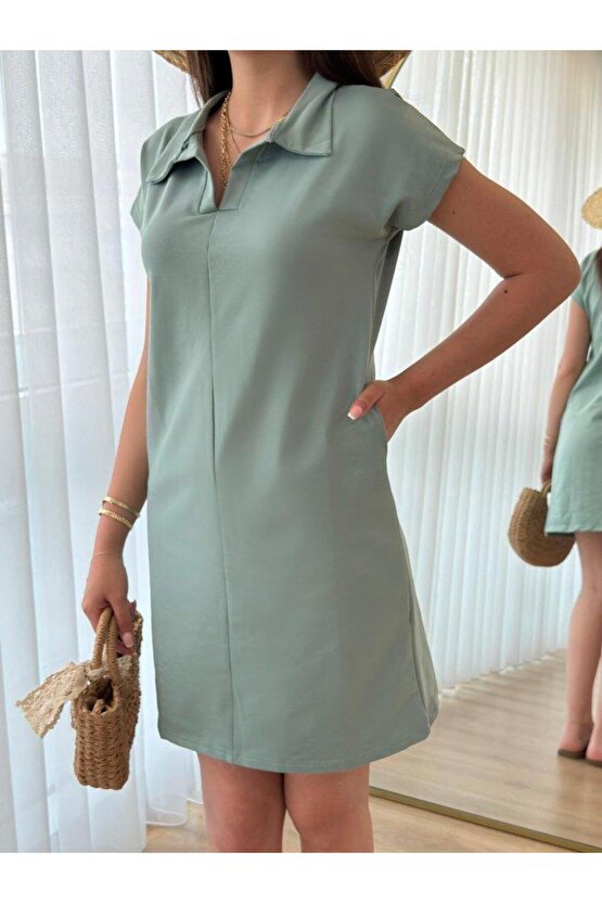 Kadın Kısa Kollu Yakalı Viskon Iki Iplik Elbise