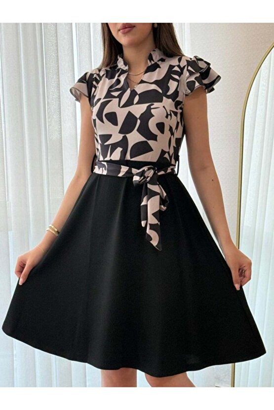 Kadın Kısa Kollu Kolu Fırfır Detay Mini Kuşaklı Kloş Krep Elbise