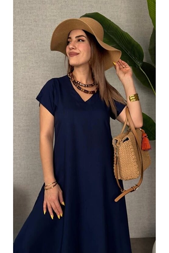 Kadın Kısa Kollu V Yaka Salaş Maxi Boy Elbise