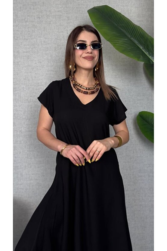 munn collection Kadın Kısa Kollu V Yaka Salaş Maxi Boy Elbise