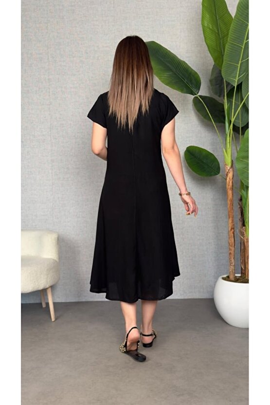 munn collection Kadın Kısa Kollu V Yaka Salaş Maxi Boy Elbise