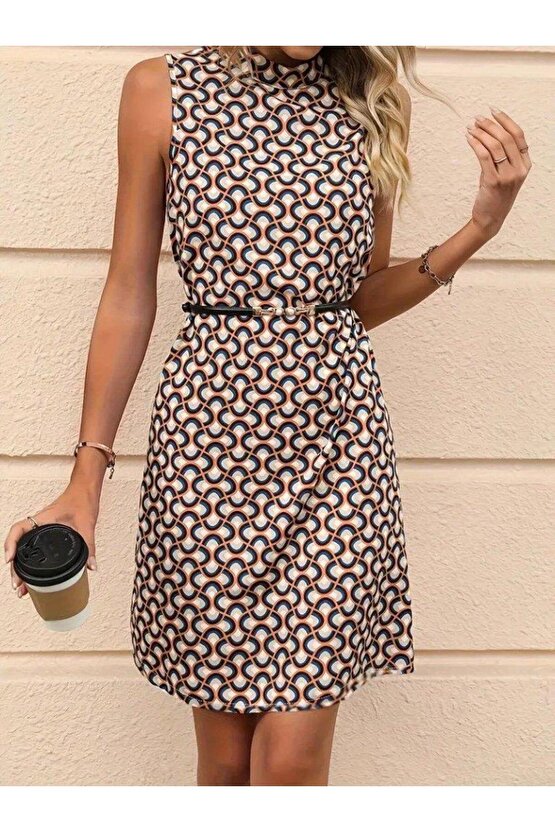 Kadın Balıkçı Yaka Kolsuz Desenli Dalgıç Elbise