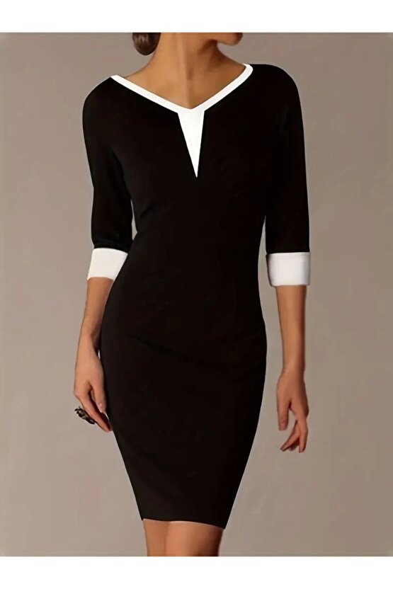 Kadın Fakir Kol V Yakalı Blok Renkli Kısa Janjan Krep Elbise