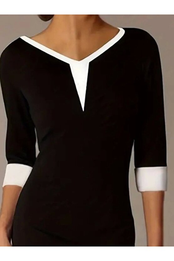 Kadın Fakir Kol V Yakalı Blok Renkli Kısa Janjan Krep Elbise