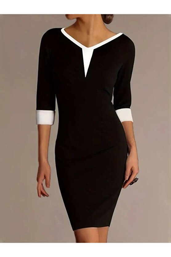 Kadın Fakir Kol V Yakalı Blok Renkli Kısa Janjan Krep Elbise