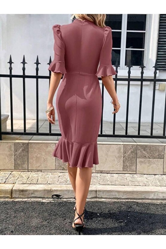 Kadın Kısa Kollu Yarı Balıkçı Yakalı Etek Ucu Fırfırlı Midi Ithal Krep Elbise