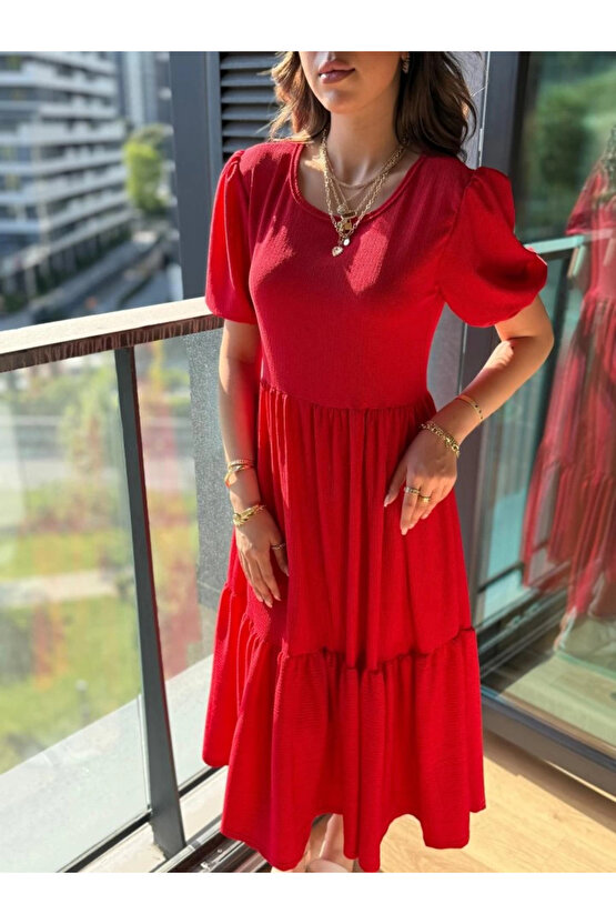 MDB Kadın Kısa Kollu Yakası Açık Katlı Bürümcük Balon Elbise