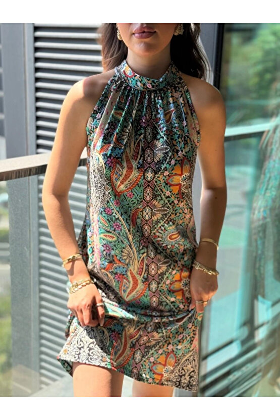 MDB Kadın Kolsuz Boyundan Askılı Desenli Midi Süprem Elbise