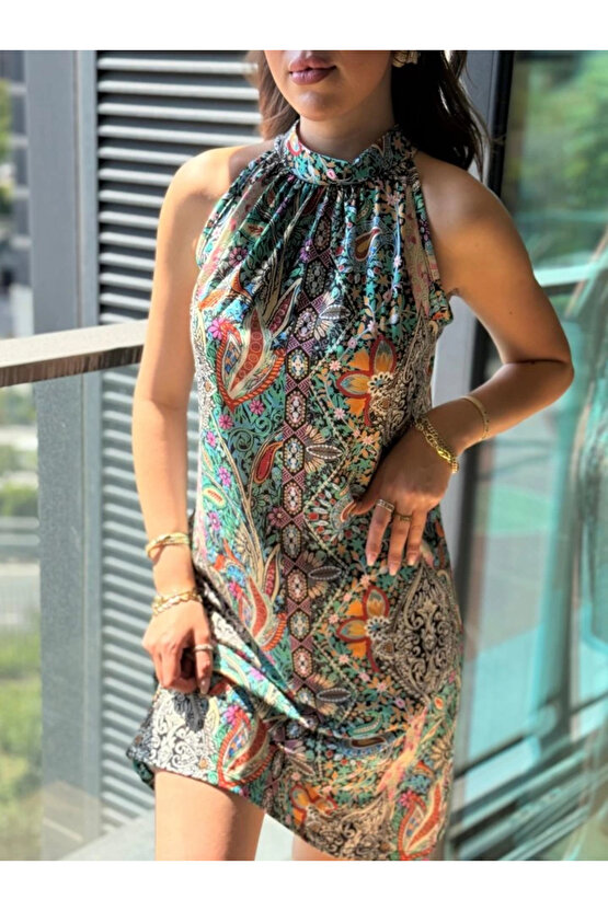 MDB Kadın Kolsuz Boyundan Askılı Desenli Midi Süprem Elbise