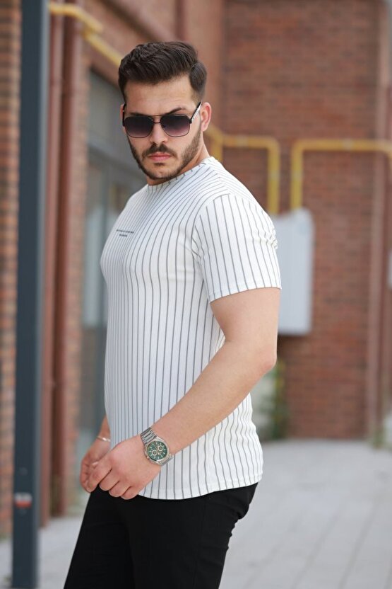 EQURİ Erkek Dikey çizgili Ottoman Kumaş Kısa Kollu T-shirt