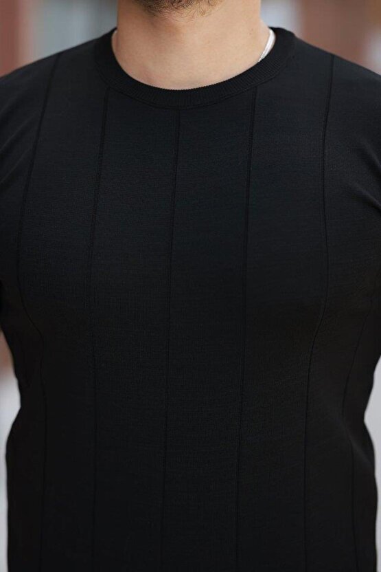 Erkek Ince çizgi Dokulu Bisiklet Yaka Kısa Kollu T-shirt