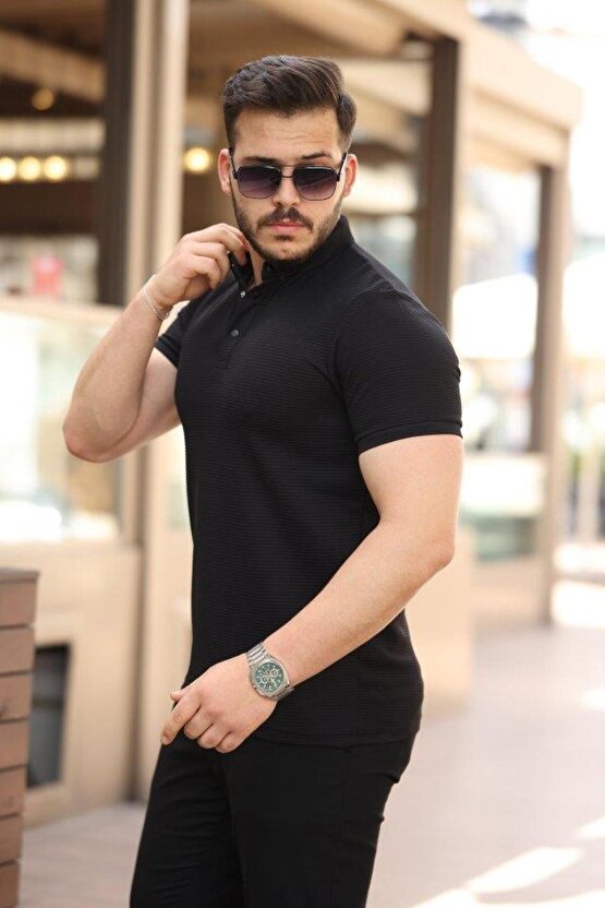 Erkek çizgi Dokulu çıtçıt Yakalı Kısa Kollu T-shirt