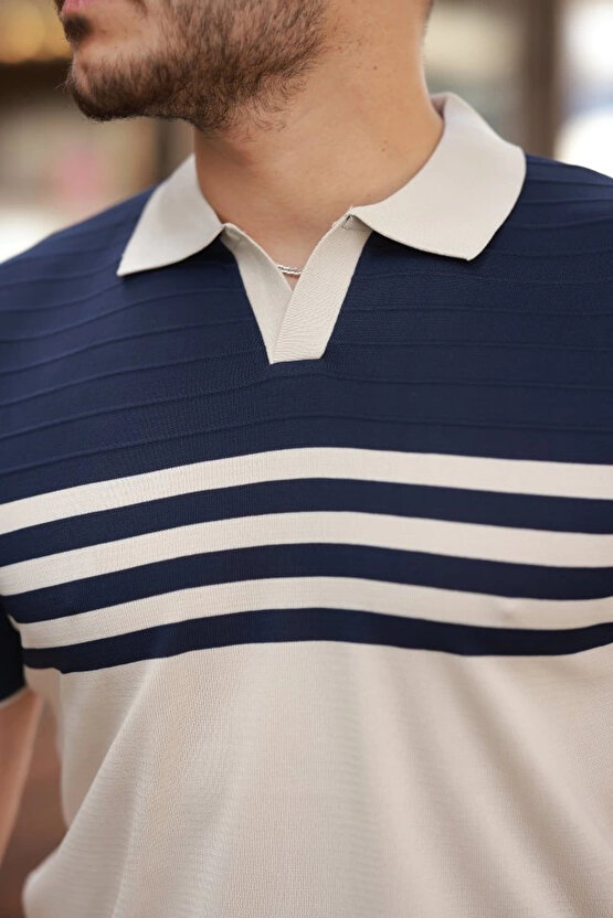 Erkek çizgi Desenli Yakalı Kısa Kollu T-shirt