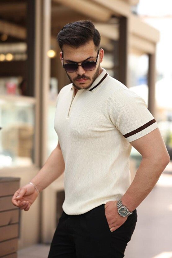 Erkek Yaka Ve Kolları çizgi Detaylı Fermuarlı Kısa Kollu T-shirt