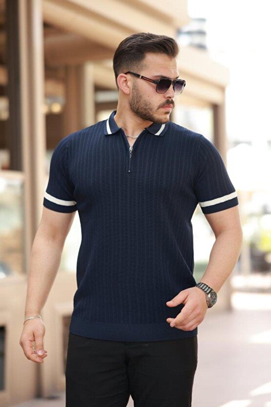 Erkek Yaka Ve Kolları çizgi Detaylı Fermuarlı Kısa Kollu T-shirt